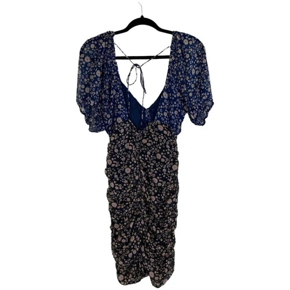Free People X REVOLVE Tessa Mini Dress Black Blue Ditsy Floral Ruched Lined M - Picture 3 of 7